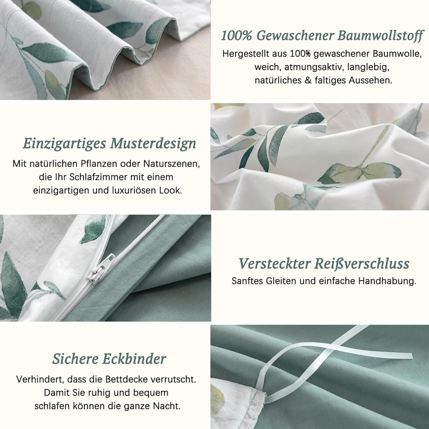 Bettwäsche 135x200 Pflanzenmuster 100% Baumwolle Leinenartiger Griff