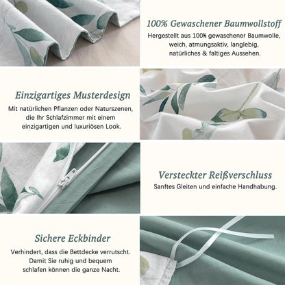 Bettwäsche 135x200 Pflanzenmuster 100% Baumwolle Leinenartiger Griff