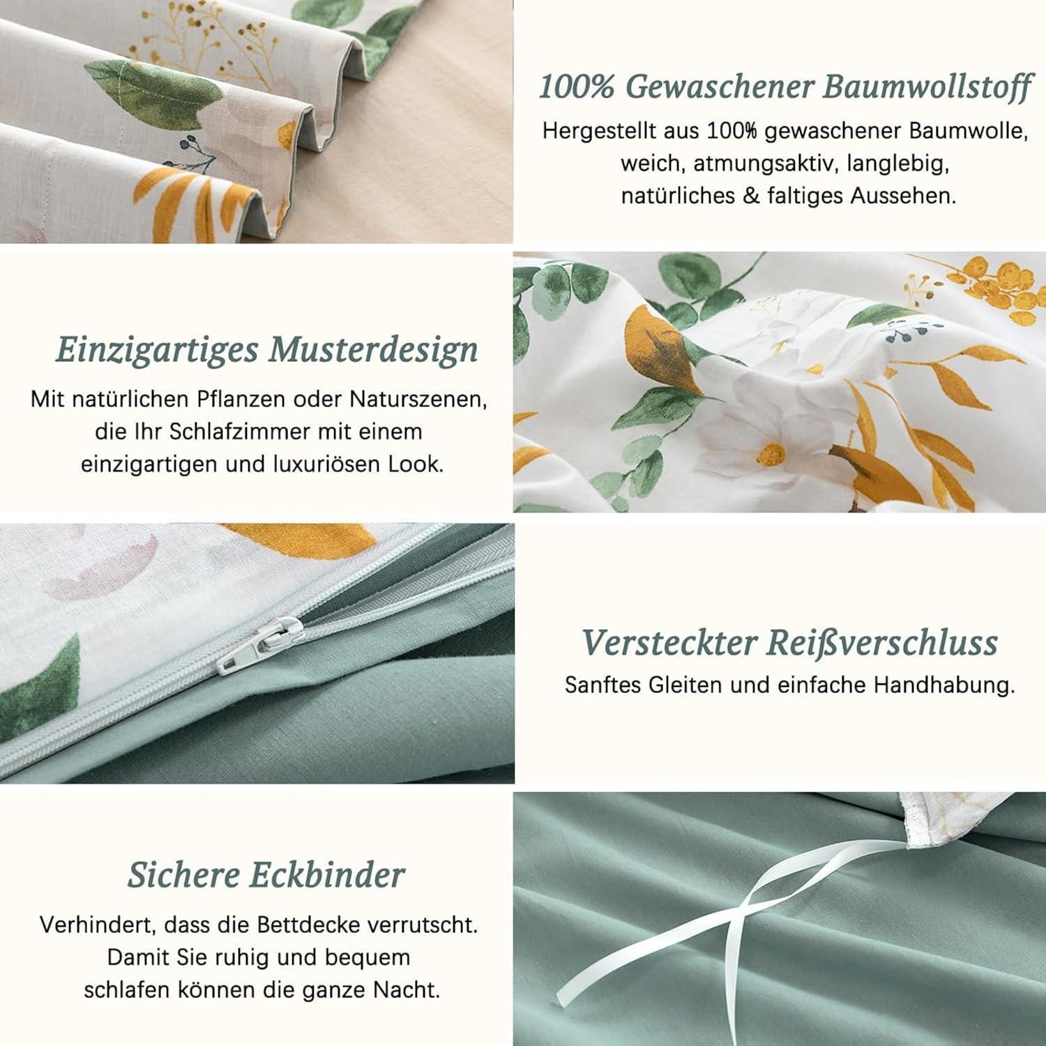 Bettwäsche Set 200x200 Baumwolle Gewaschen Leinenoptik Salbeigrün