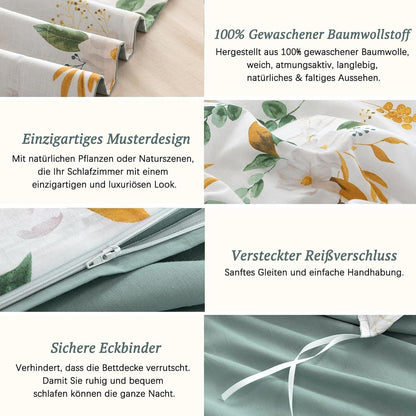 Bettwäsche Set 200x200 Baumwolle Gewaschen Leinenoptik Salbeigrün