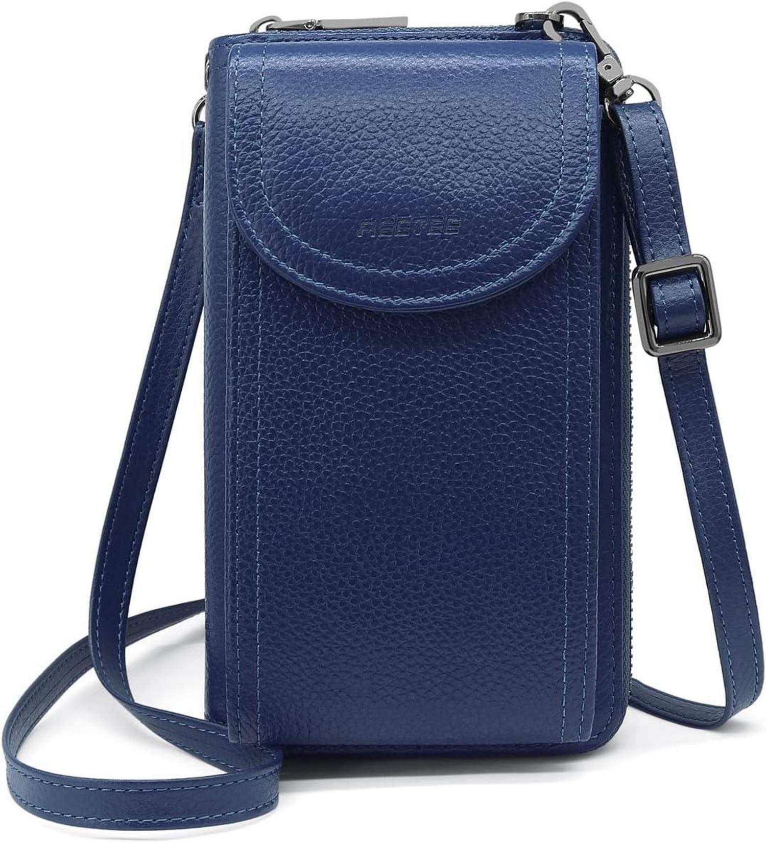 Handytasche Umhängetasche RFID Schutz Damen Leder viele Fächer Blau