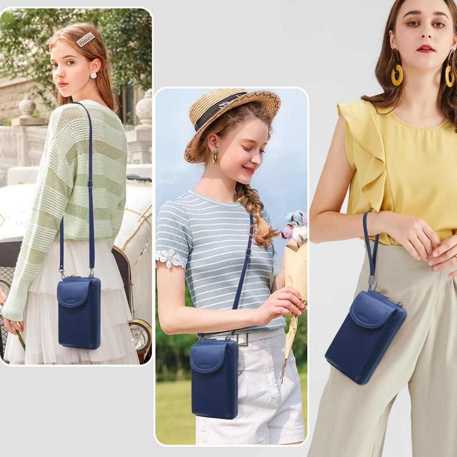 Damen Handytasche Umhängetasche RFID Schutz Geldbörse 12 Kartenfächer Blau
