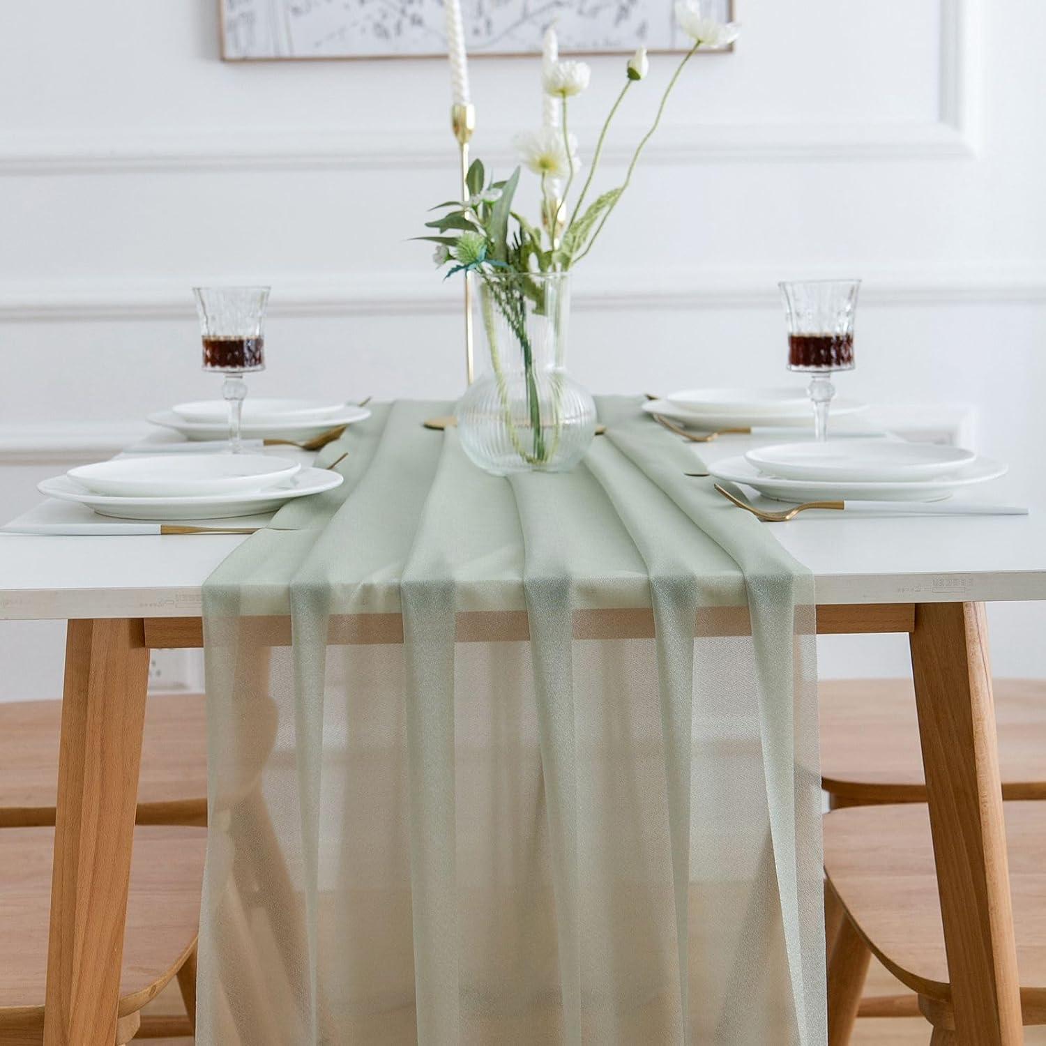 Chiffon Tischläufer Grün Salbeigrün Stoff Tüll Waschbar 70 x 300 cm