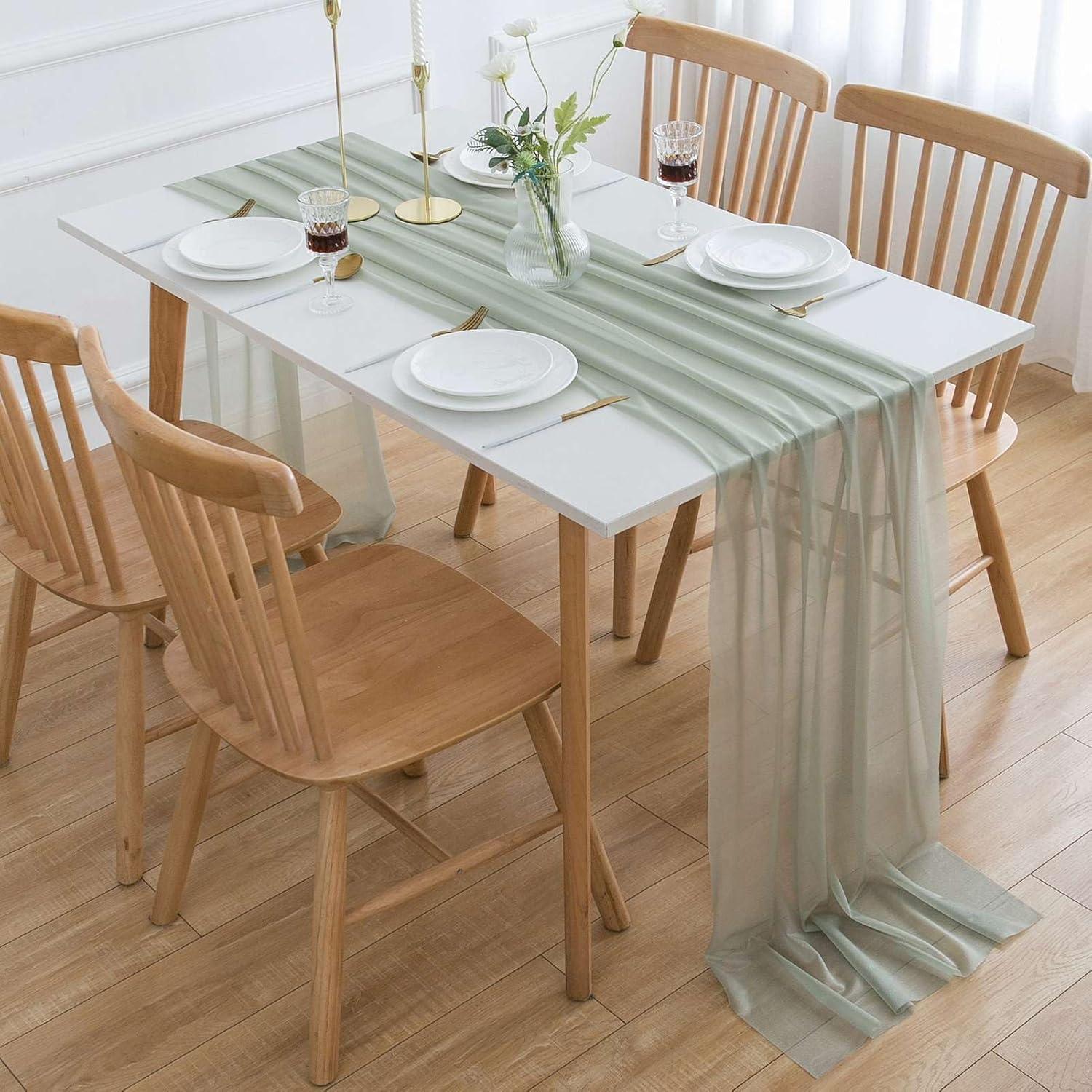 Chiffon Tischläufer Grün Salbeigrün Stoff Tüll 70x300cm Waschbar