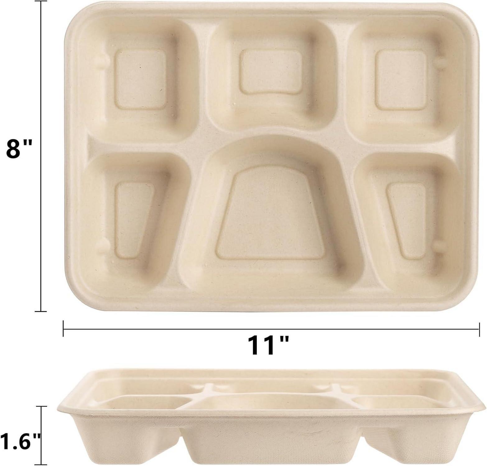 Peohud Einweg Papierteller 50 Stück, 6 Fächer, Zuckerrohr