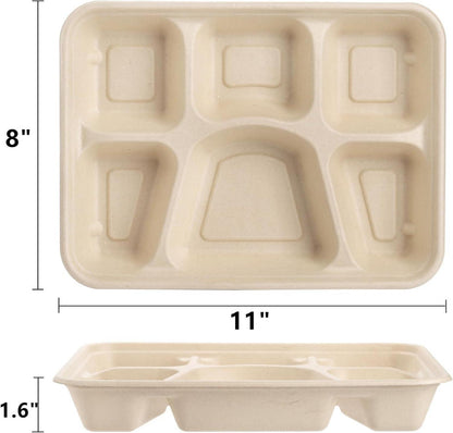 Peohud Einweg Papierteller 50 Stück, 6 Fächer, Zuckerrohr