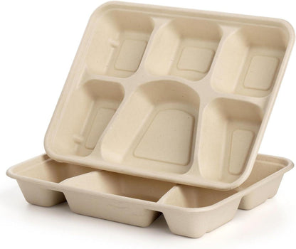 Einweg Papierteller mit 6 Fächern aus Zuckerrohr Bagasse, 50 Stück