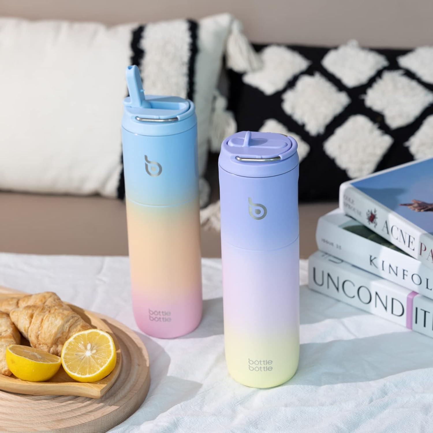 Isolierte Trinkflasche 680 ml mit Strohhalm und Griff Blau Gelb Rosa