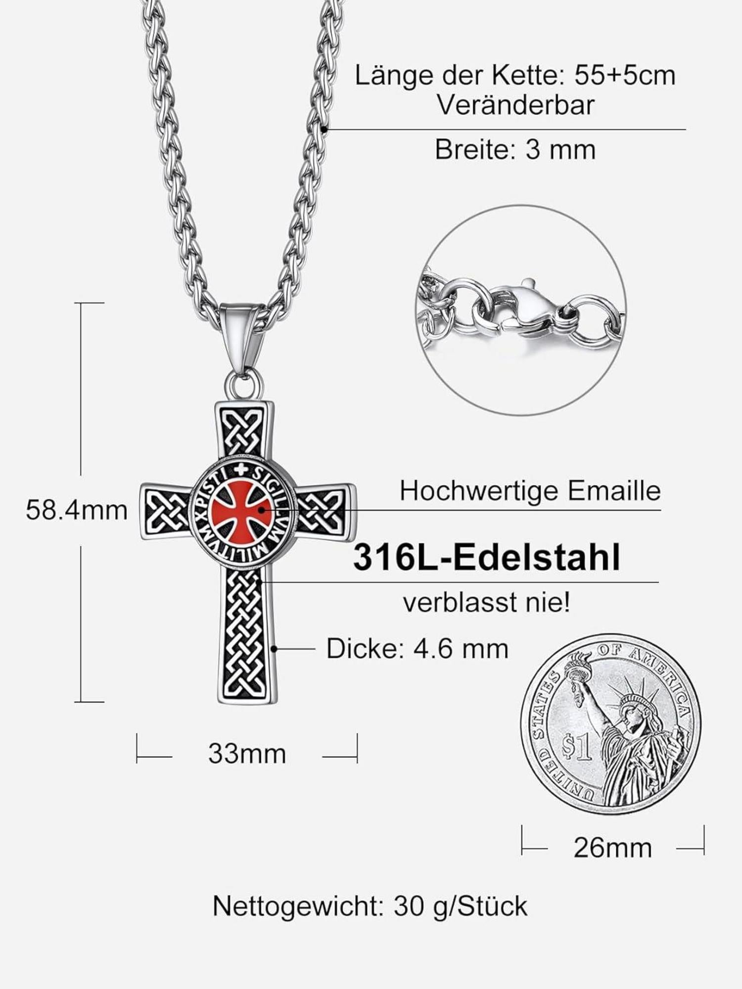 Edelstahl Tempelritter Halskette mit Kreuz für Herren - Geschenkbox