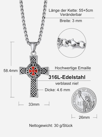 Edelstahl Tempelritter Halskette mit Kreuz für Herren - Geschenkbox