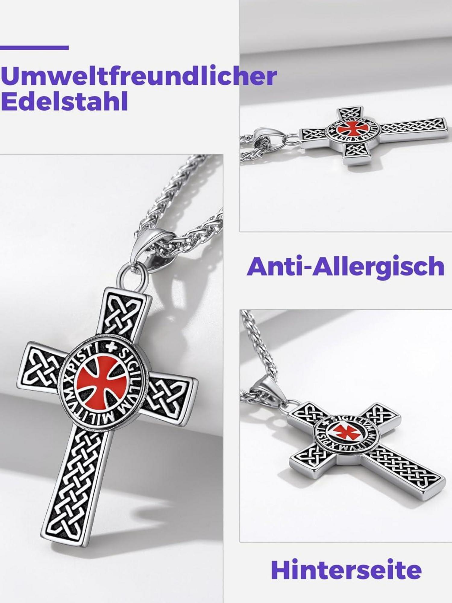 Edelstahl Tempelritter Kreuz Halskette 22'' für Herren Jungen - Silber