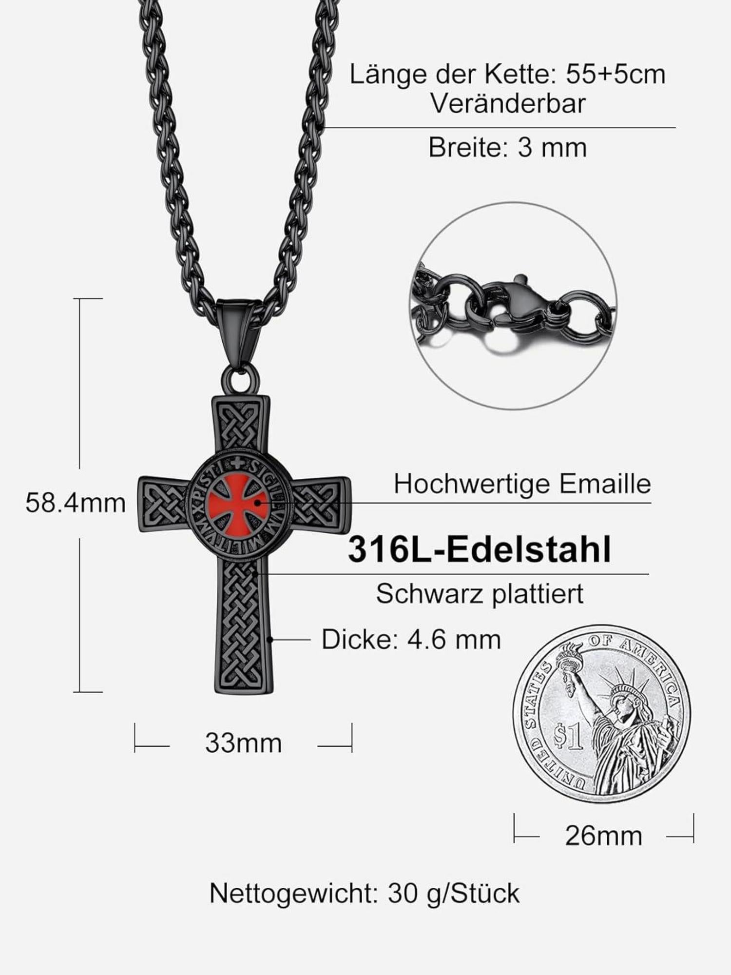 Tempelritter Edelstahl Kreuz Anhänger Halskette Schwarz