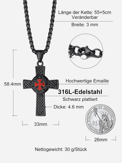 Tempelritter Edelstahl Kreuz Anhänger Halskette Schwarz