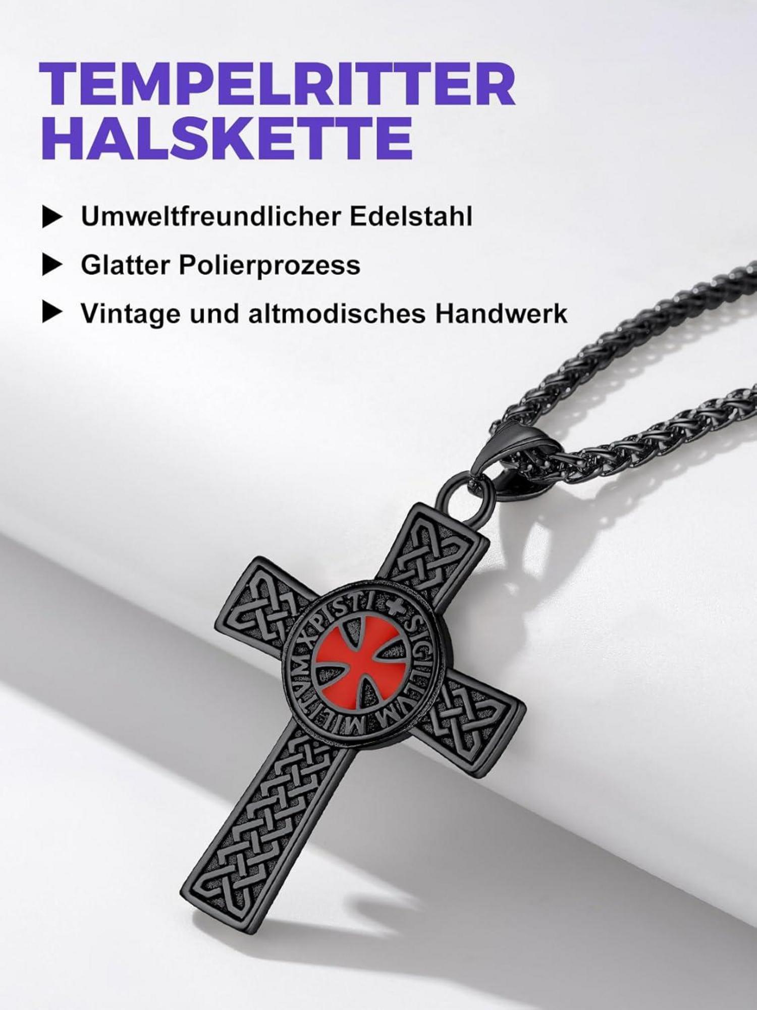 Edelstahl Tempelritter Kette mit Kreuz für Herren - Schwarz