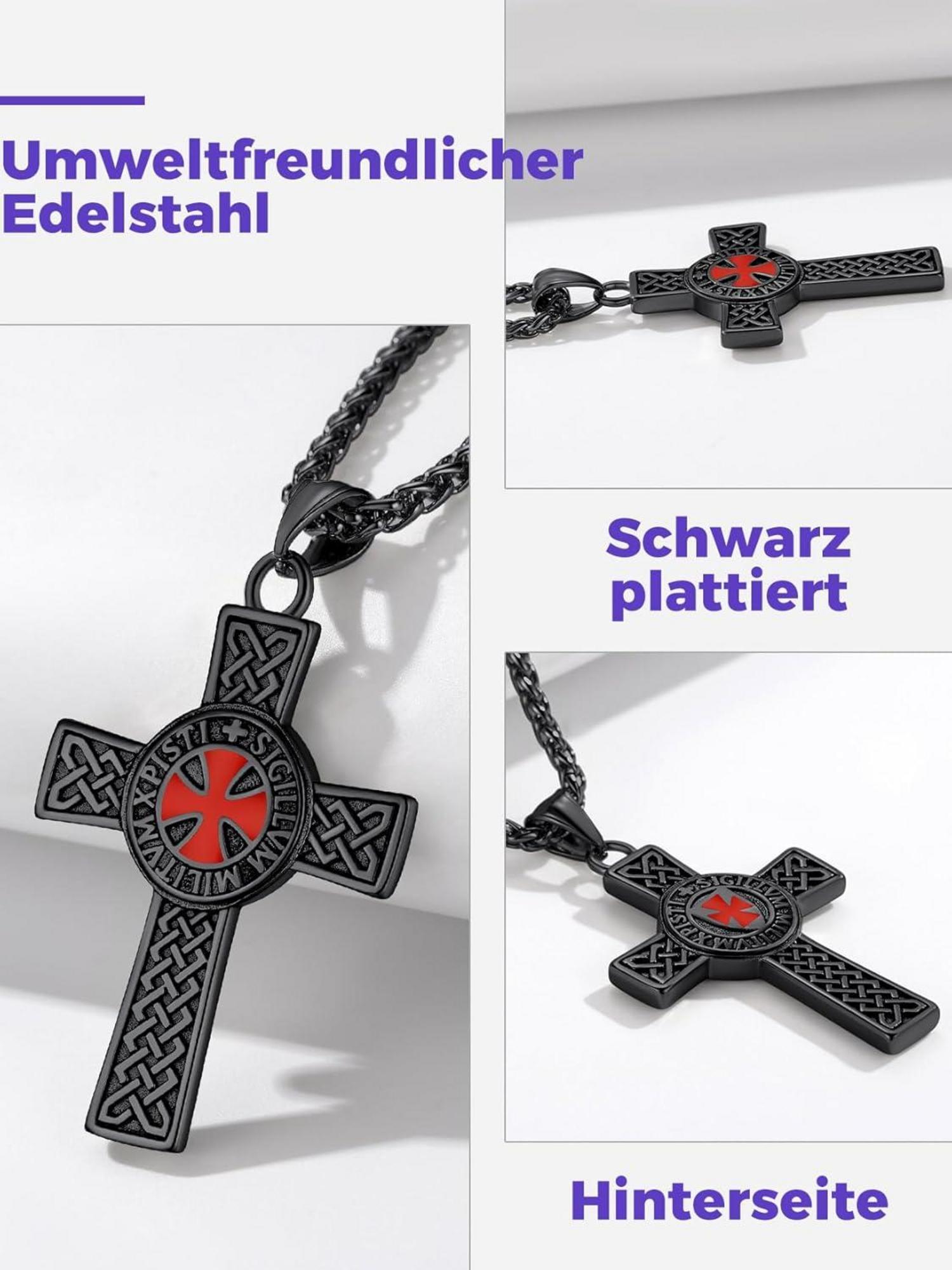 Edelstahl Tempelritter-Kreuz Kette für Herren Schwarz 316L