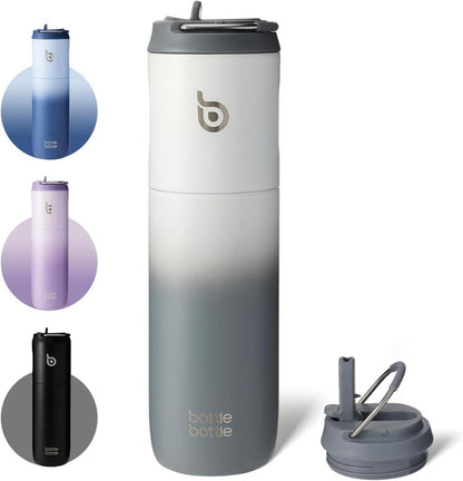 Isolierte Trinkflasche mit Strohhalm und Griff 680 ml Weiß Grau