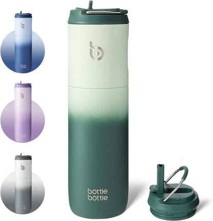 Isolierte Trinkflasche mit Strohhalm und Griff, 680 ml, Grün
