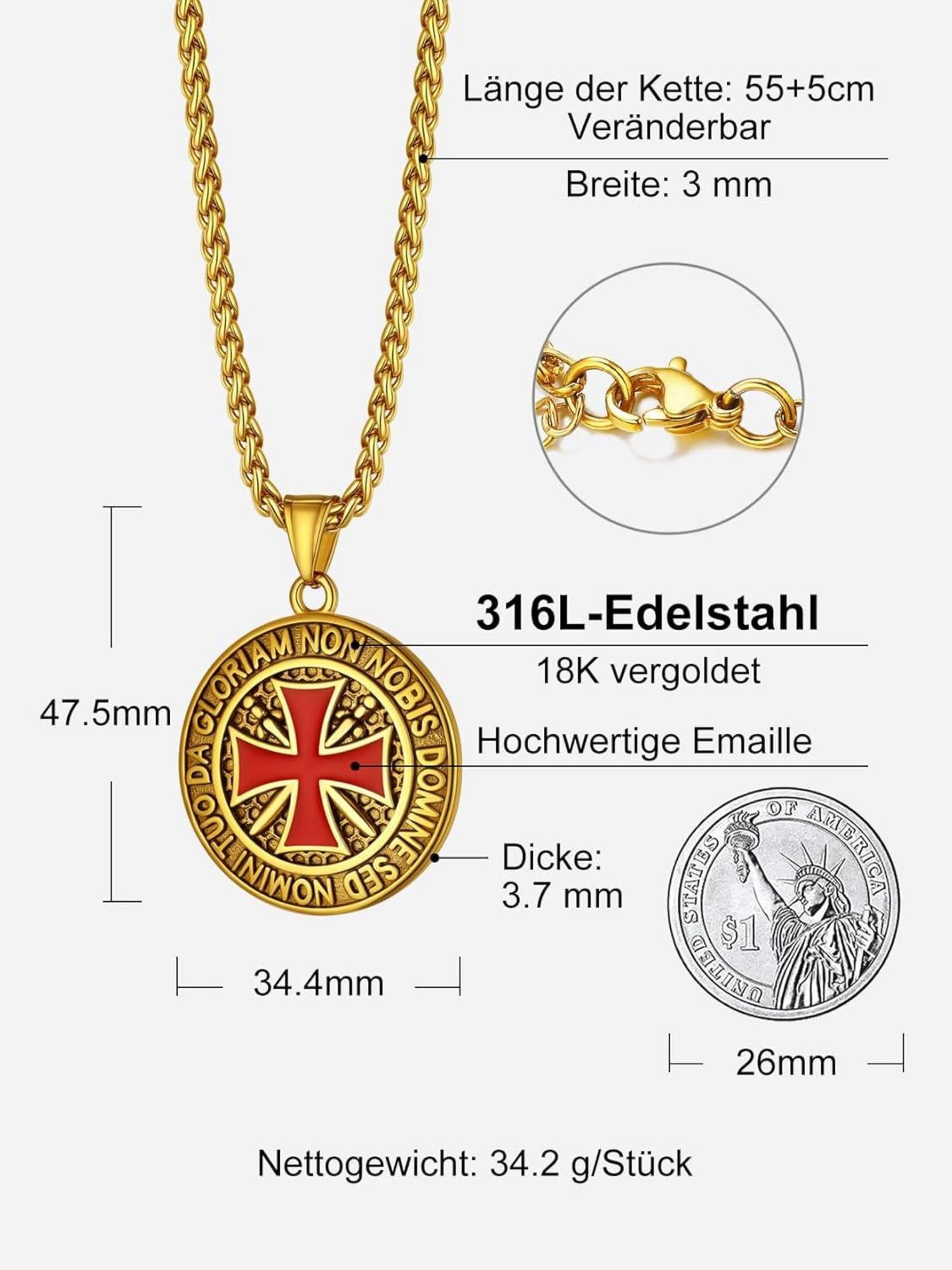 Elegante Tempelritter Edelstahl Halskette mit Kreuzanhänger