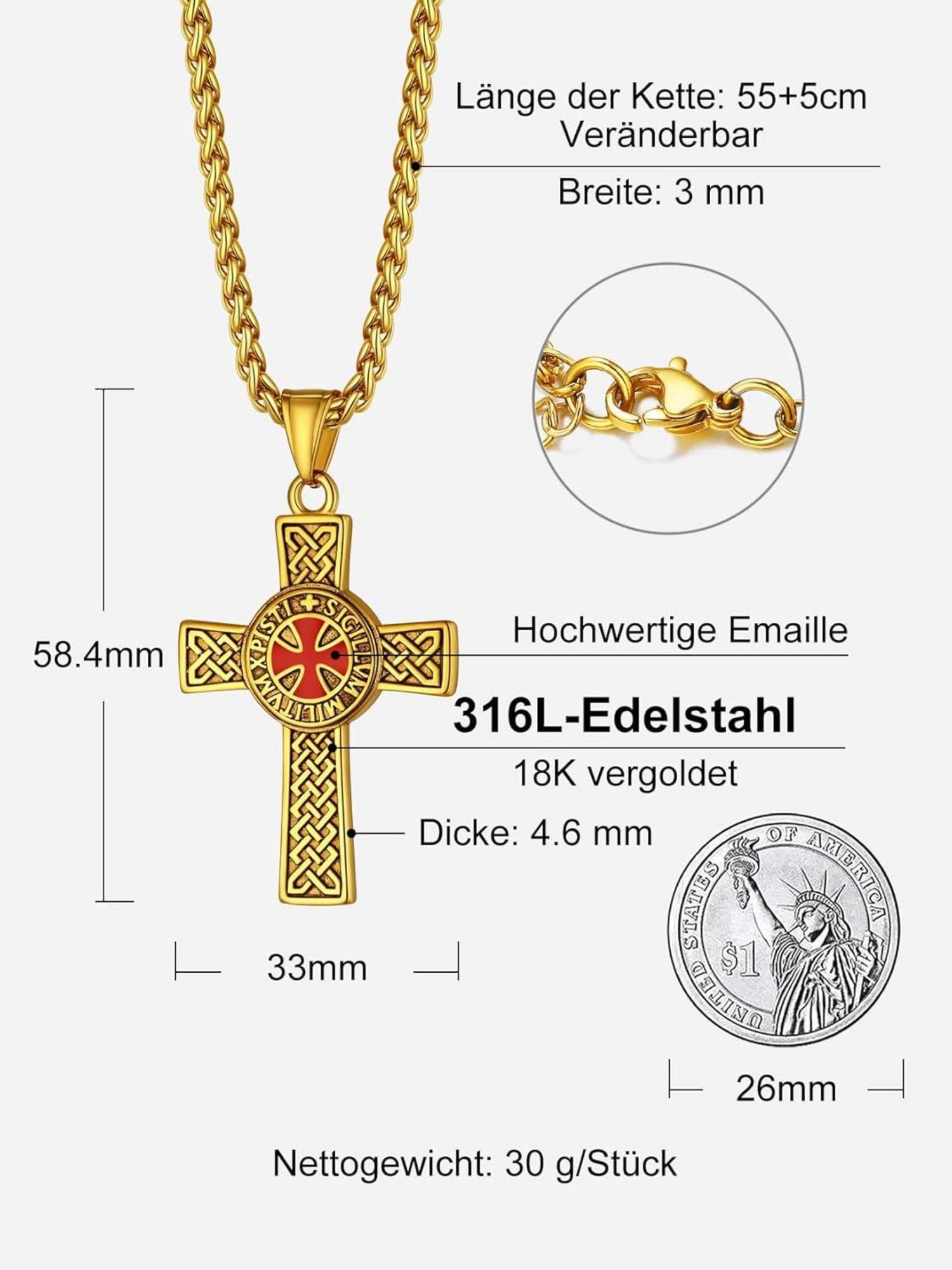 Edelstahl Tempelritter Anhänger Halskette Kreuz für Herren Jungen