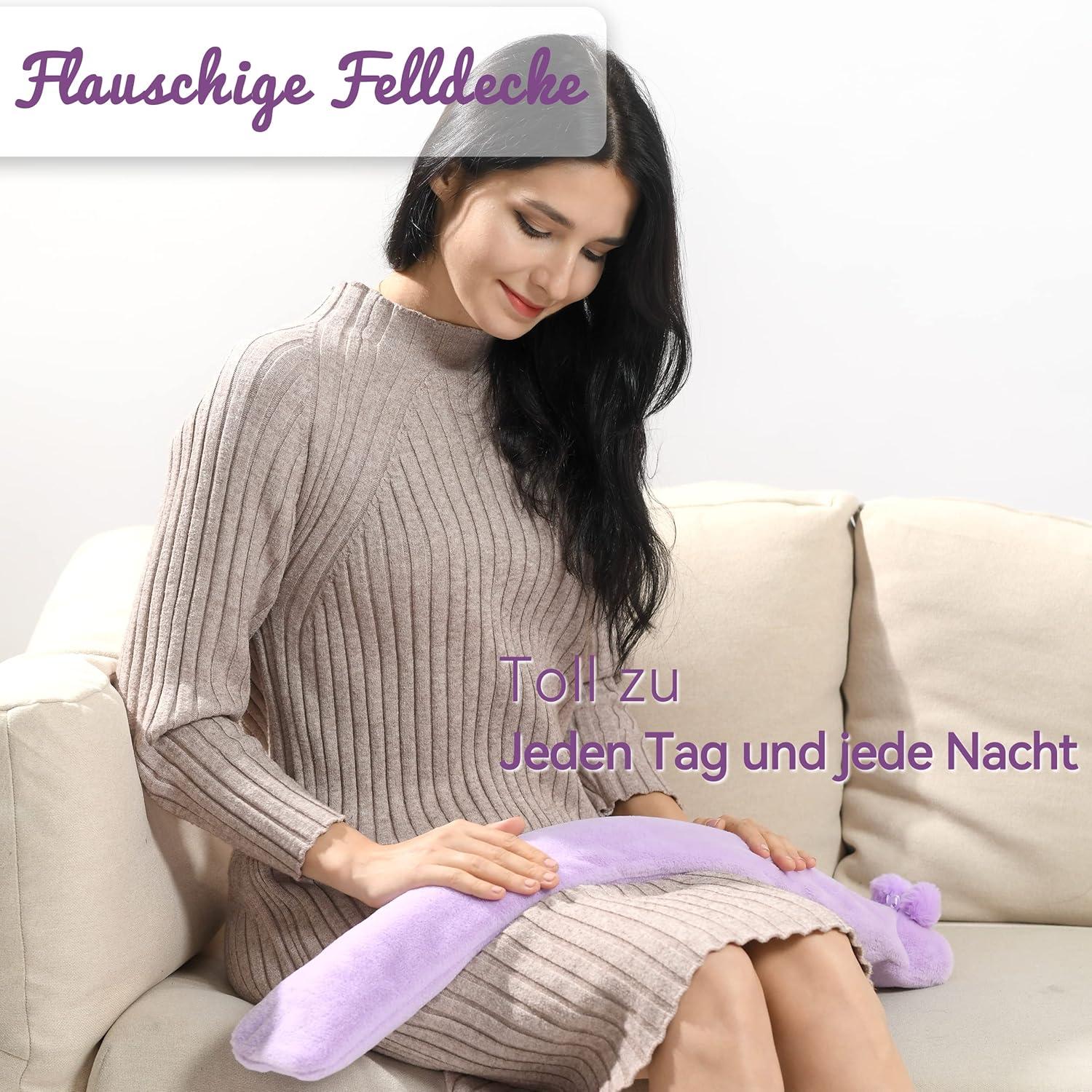 Samply Lange Wärmflasche 2L mit pelzigem Bezug lila Magnetisch