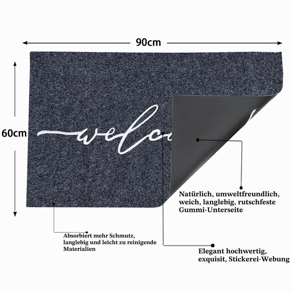 Fußmatte 90x60 cm rutschfest – Grau für Innen & Außen