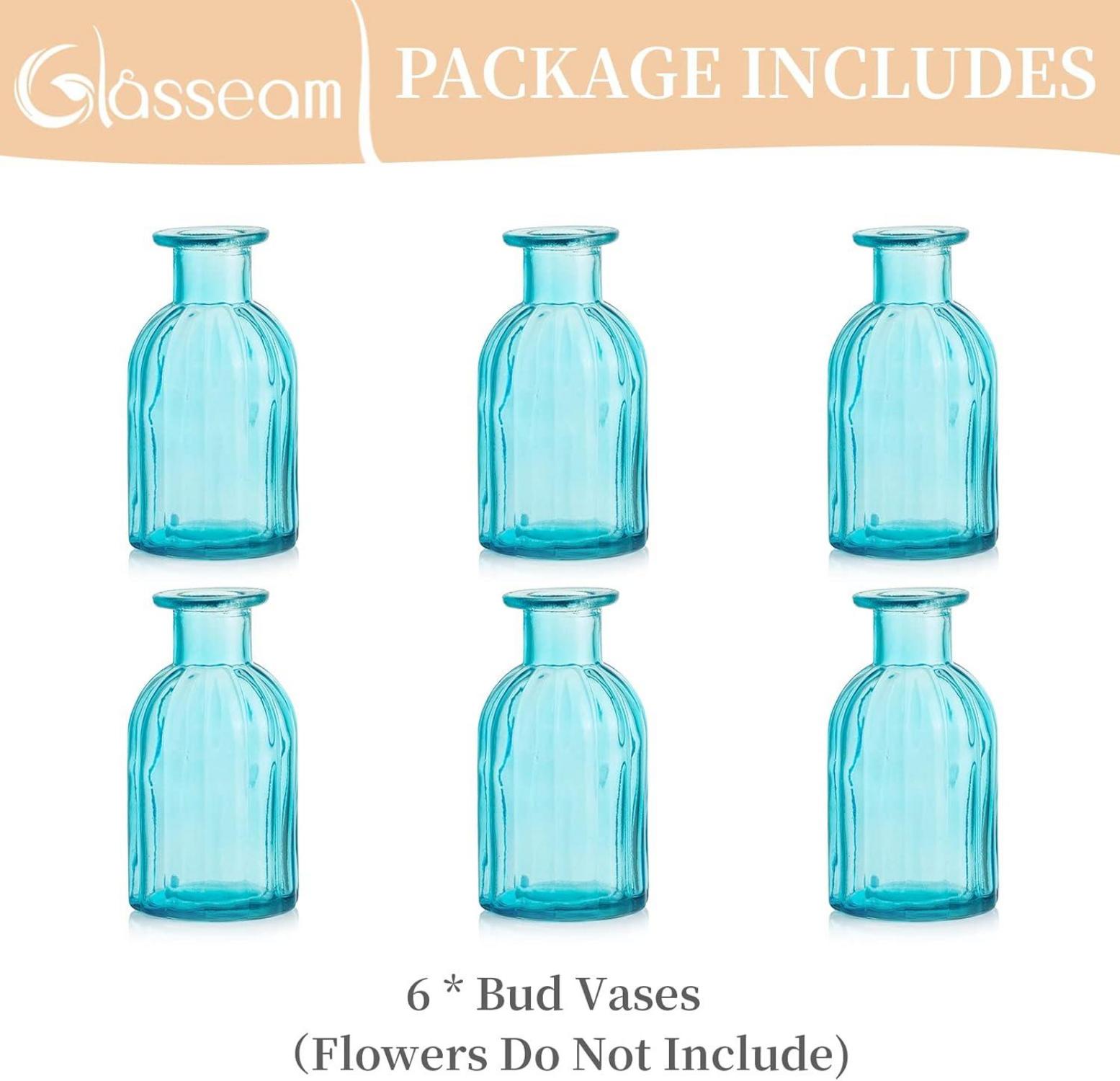 6er Set Mini Blumenvasen Blau Vintage Glas Rund Deko Vasen