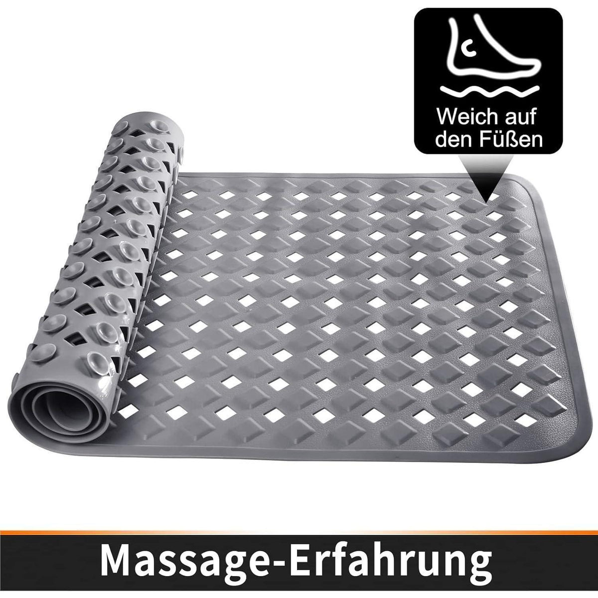 Badewannenmatte extra lang, rutschfest & ablaufend (70x40 cm, Grau)