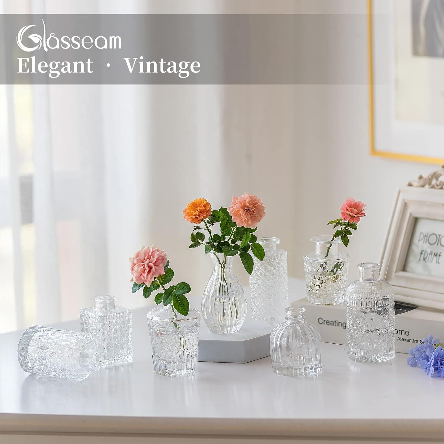 Kleine Glasvase Vintage & Modern: 8er Set Kristallvase Blumenvase Mini Deko Vasen Aesthetic Hochzeit Pampasgras Rose