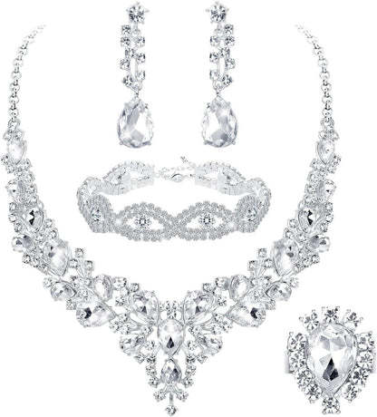 JeweBella Hochzeit Kristall Schmuck Set Silber Vintage Strass
