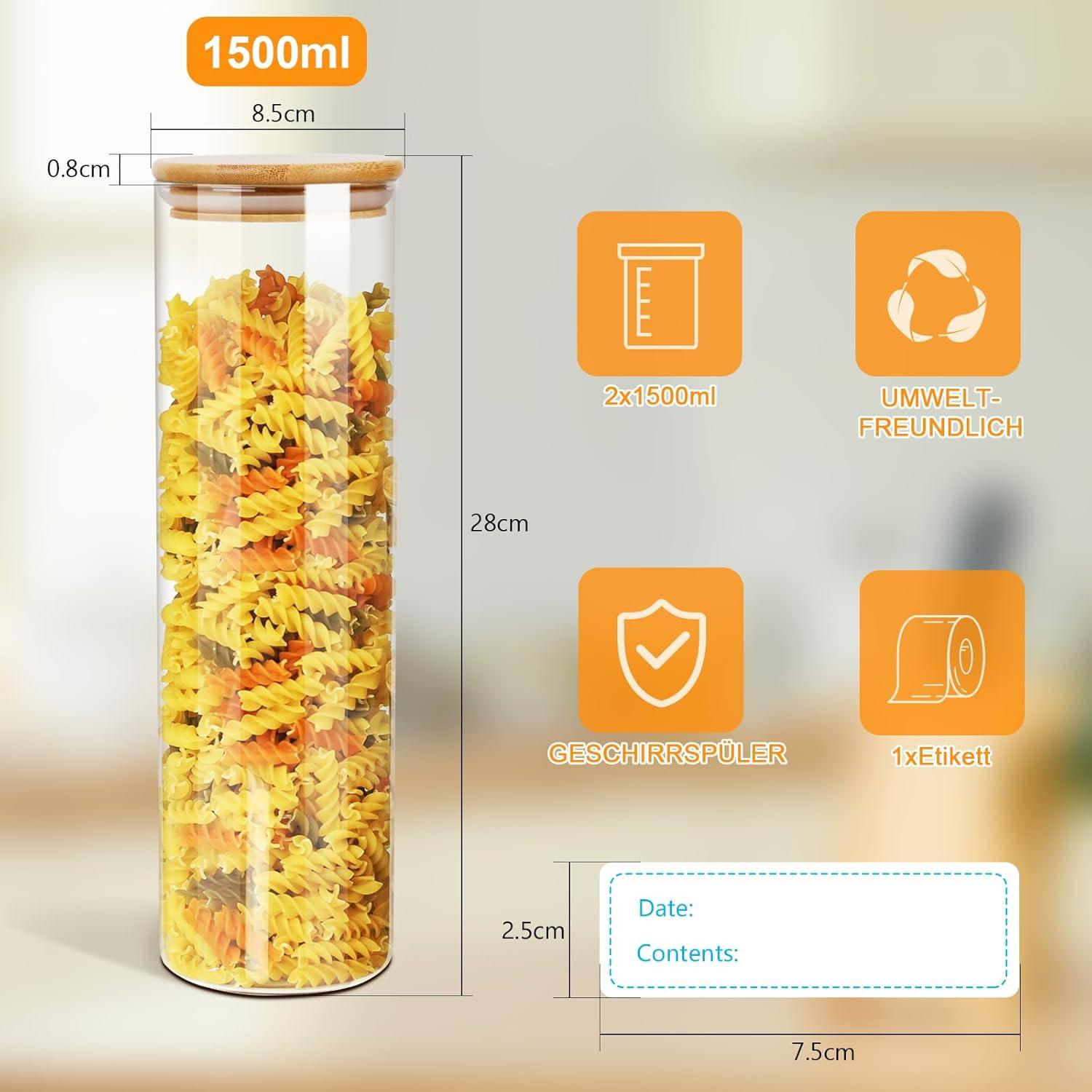 Glas Vorratsdosen 2er Set 1500ML Bambusdeckel Luftdicht