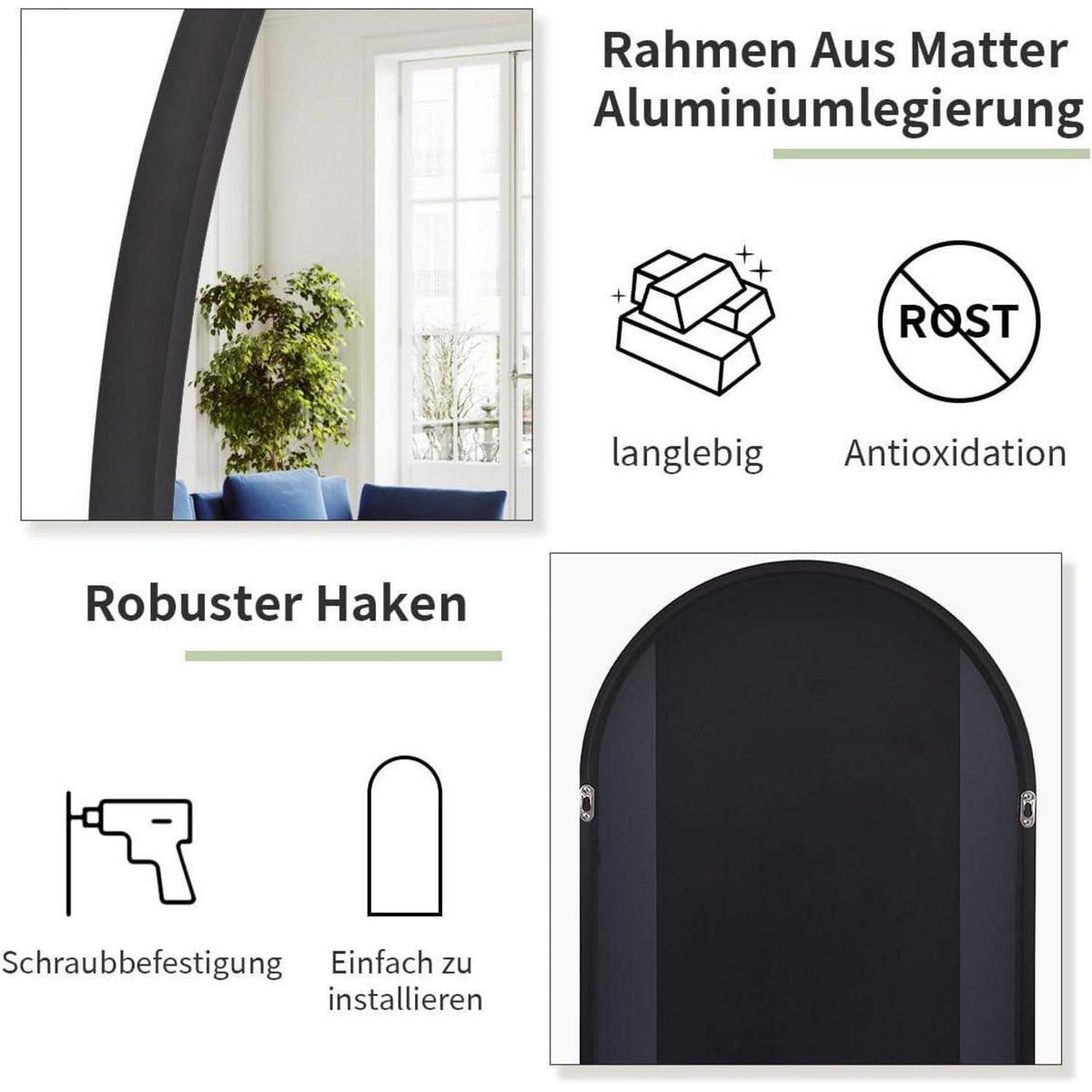 Gewölbter Standspiegel Schwarz 161cm – Vollständig & Elegant