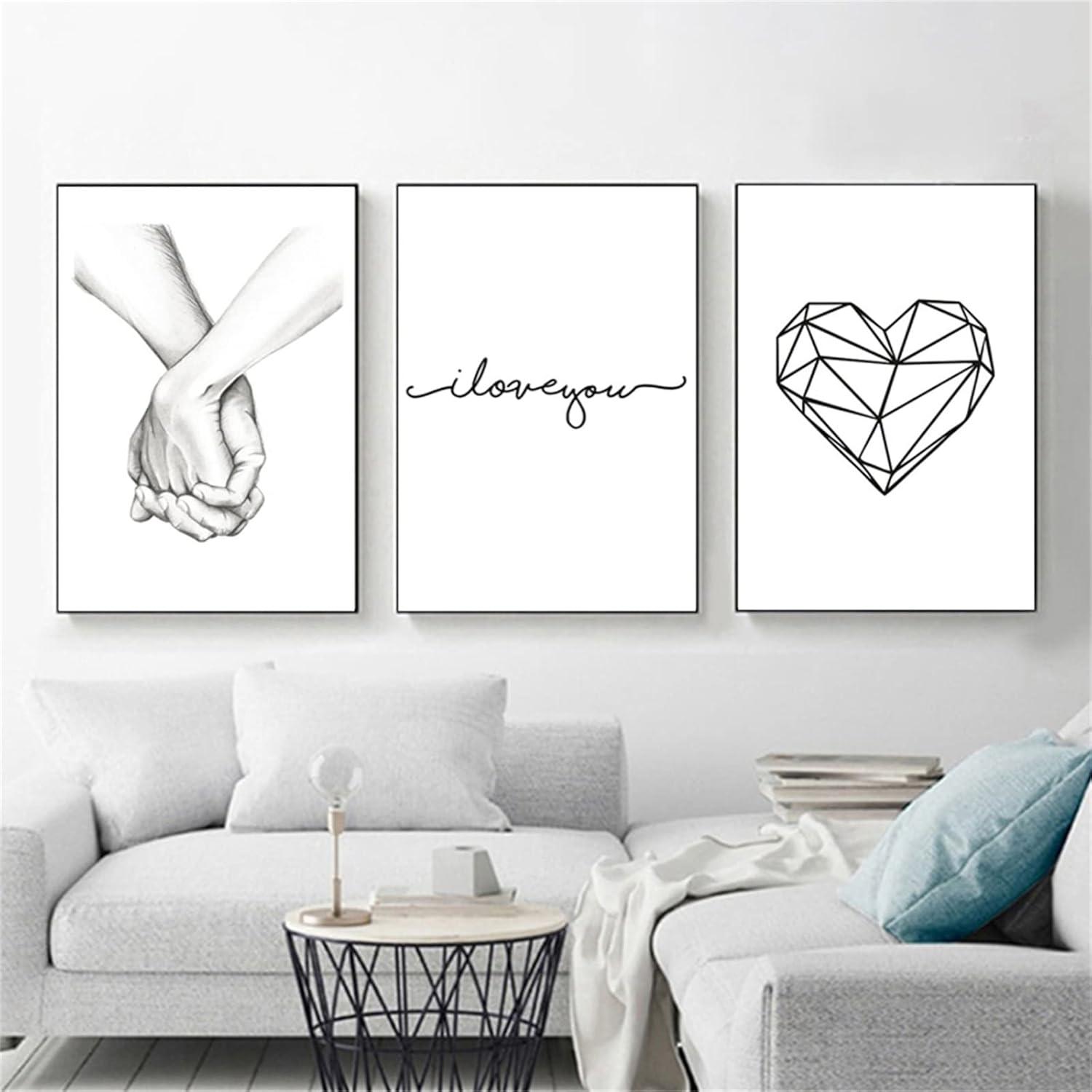 3-teiliges Poster Set Hand in Hand Liebe Schwarz Weiß Wohnzimmer