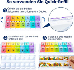 Tablettenbox 7 Tage Pillendose AM/PM Medikamentenbox 14 Fächer Scharnierdeckel Tabletten Organizer Bunt