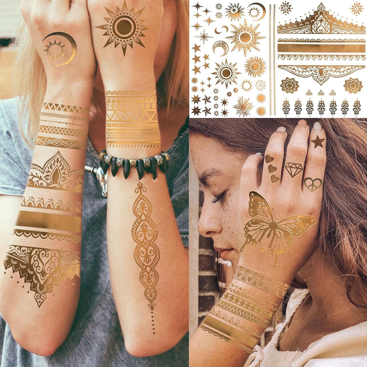 Goldene Glitzer Tattoos Set 9 Blatt Damen Mädchen Party Accessoires