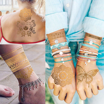 Goldene Glitzer Temporäre Tattoos Damen - 9 Blatt, 110+ Flash