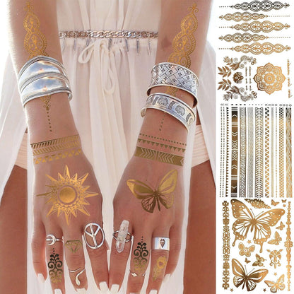Goldene Glitzer Tattoos Set 9 Blatt Damen Mädchen Party Accessoires