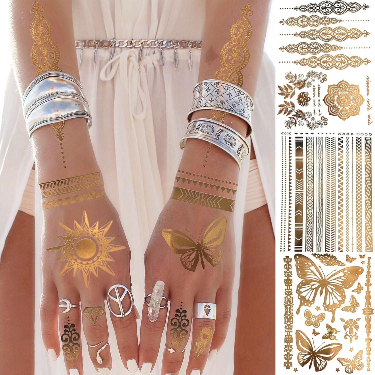 Goldene Glitzer Tattoos Set 9 Blatt Damen Mädchen Party Accessoires