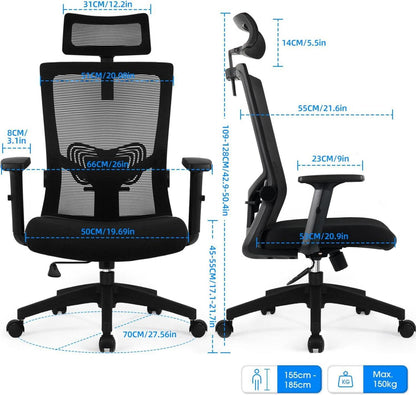 Ergonomischer Bürostuhl mit verstellbarer Kopfstütze & Armlehnen