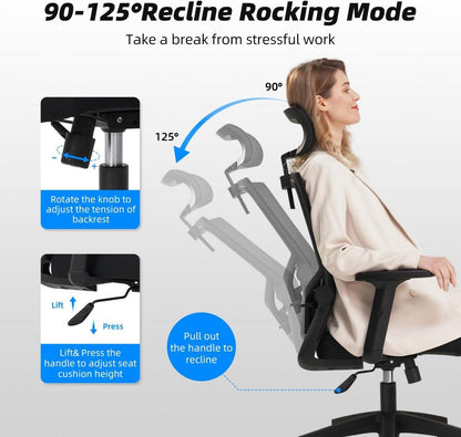 Ergonomischer Bürostuhl mit Kopfstütze, Armlehnen, Lendenstütze, Wippfunktion