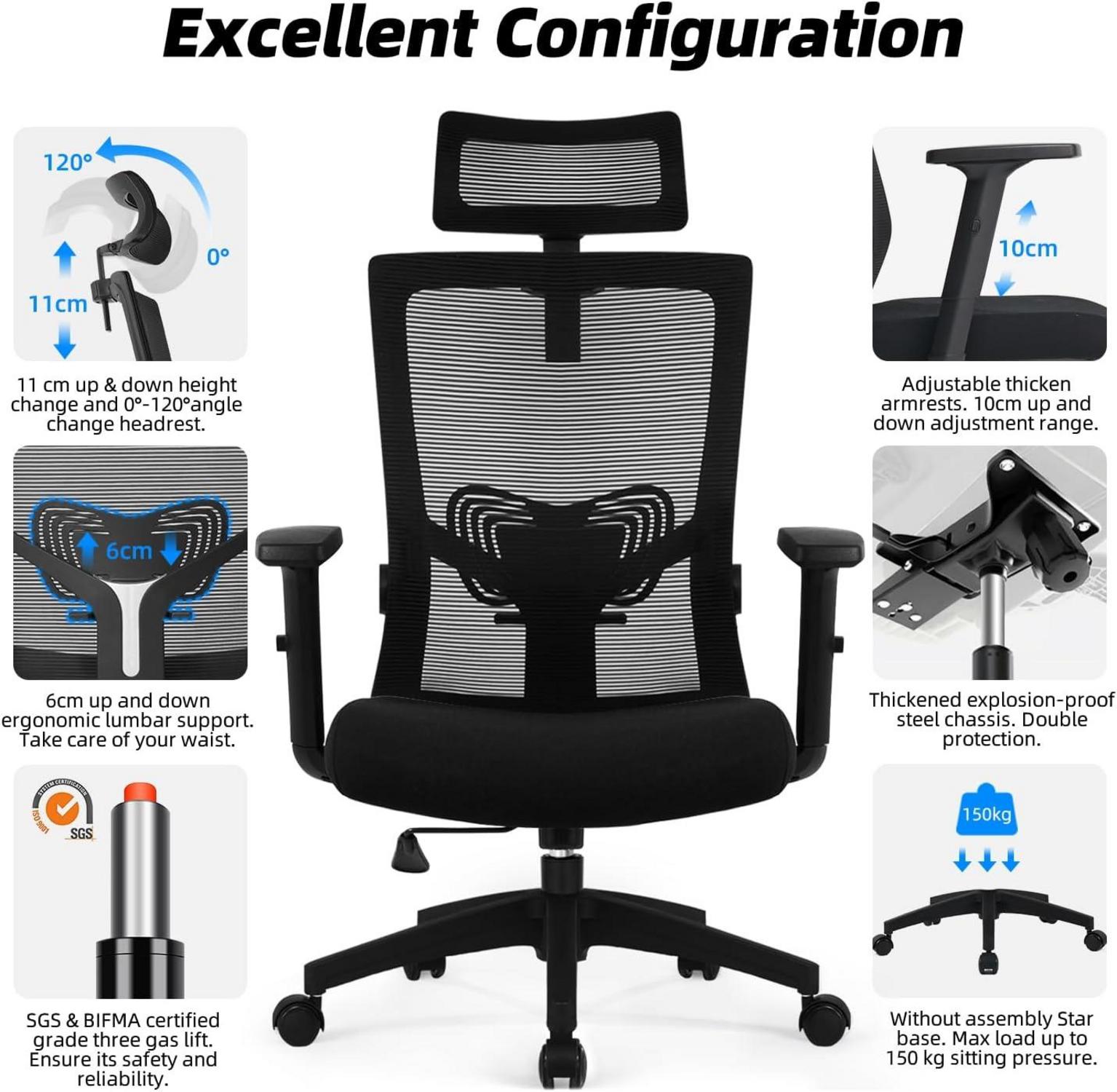 Ergonomischer Bürostuhl mit Kopfstütze, Armlehnen, Lendenstütze, Wippfunktion