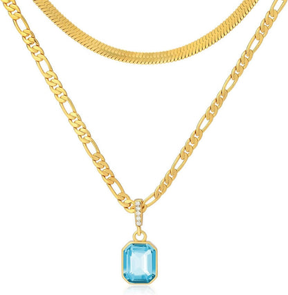 Goldene Geschichtete Ketten Halskette mit Kristallanhänger 18K