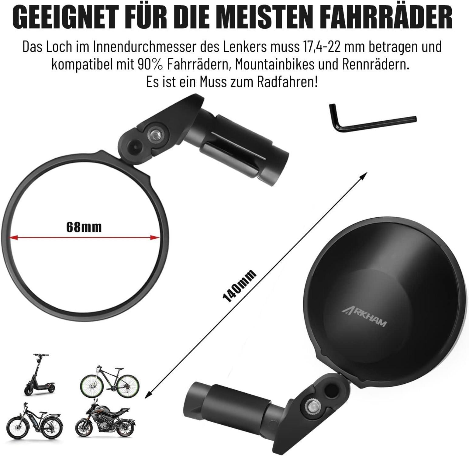 2er Set Fahrradspiegel Lenkerendenspiegel für E-Bike 17,4–22mm Lenker