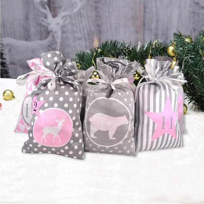 Adventskalender zum Befüllen XXL Rosa Grau Stoffsäckchen 24er Set