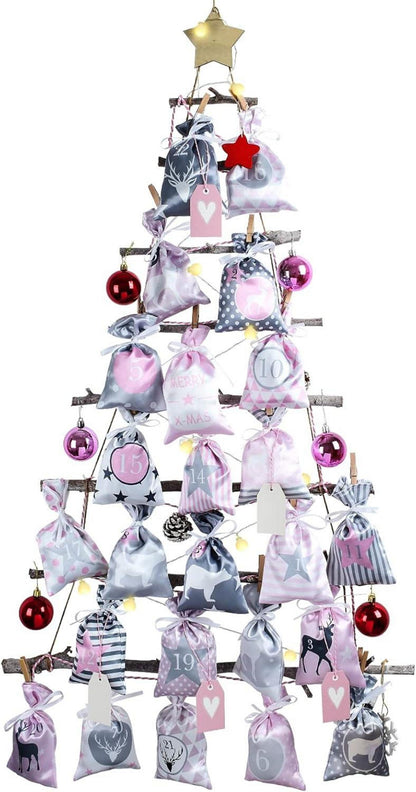 Adventskalender zum Befüllen XXL Stoffsäckchen Set 2024 Rosa Grau
