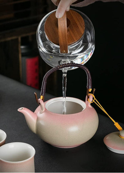 Chinesisches Tee-Set Keramik 600ml Teekanne 6 Tassen 120ml Rosa