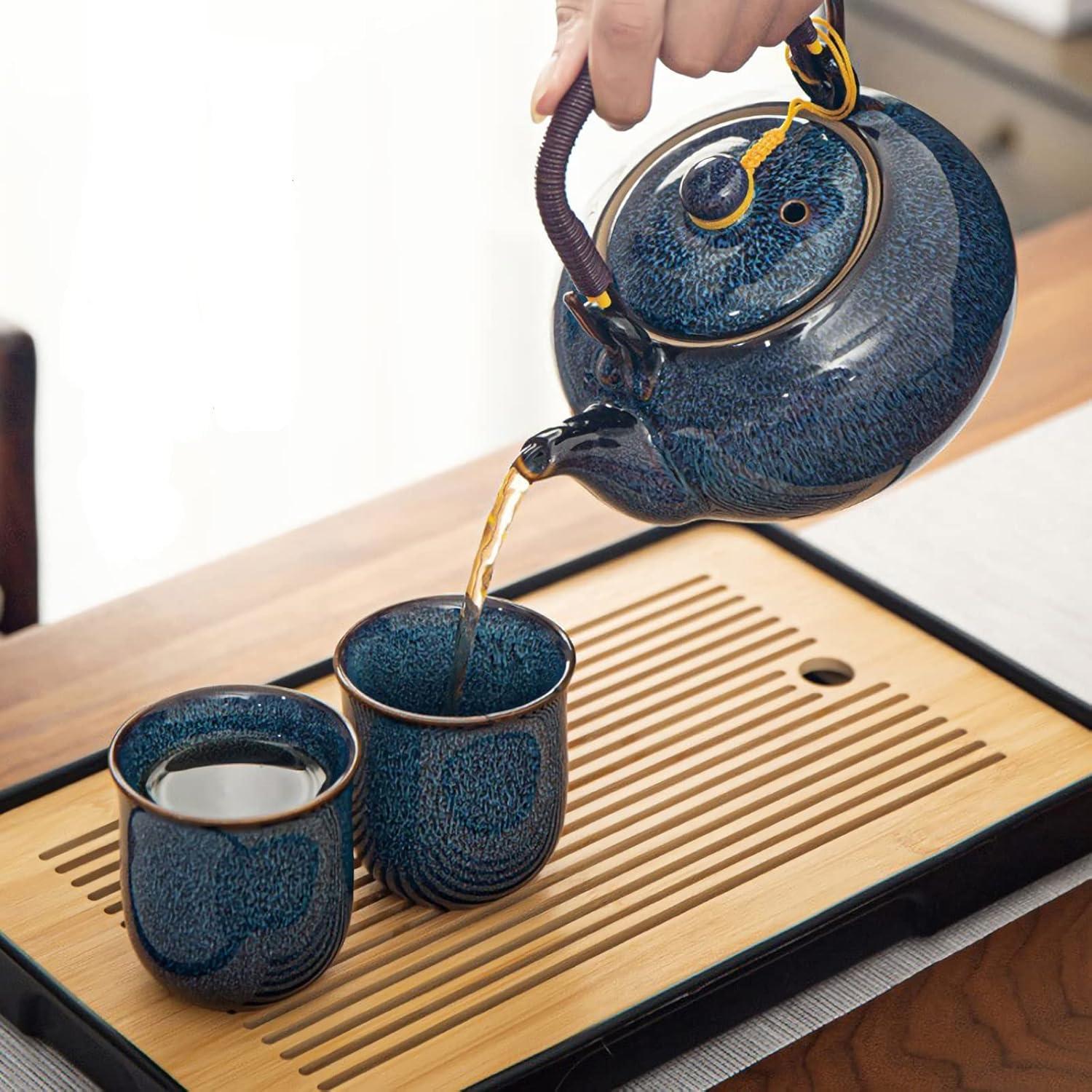 Chinesisches Tee Service Set Keramik 600ml Teekanne 6 Tassen Blau