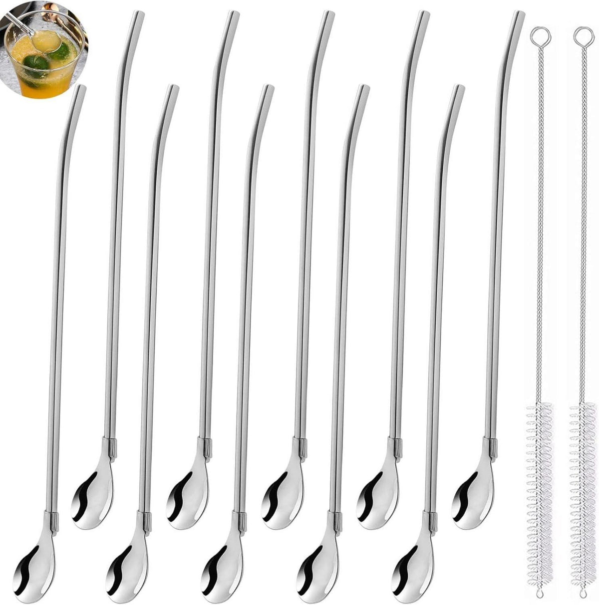 10er Set Edelstahl Trinkhalmlöffel mit Reinigungsbürste