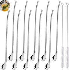 10er Set Edelstahl Trinkhalmlöffel mit Reinigungsbürste