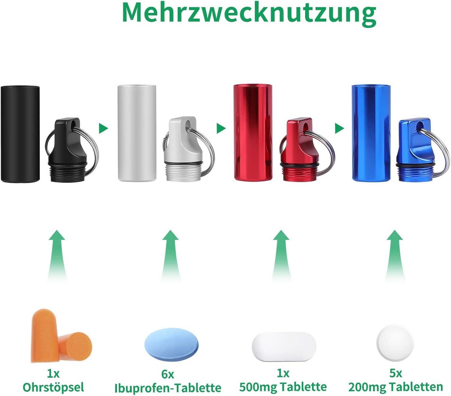 4er Pack Pillendose Schlüsselanhänger Wasserdicht Metall Tablettenbox