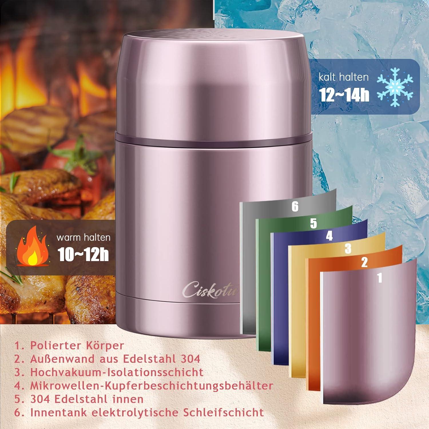 Thermobehälter 800ml Warmhaltebox für Essen mit Löffel, 9h heiß, 14h kalt